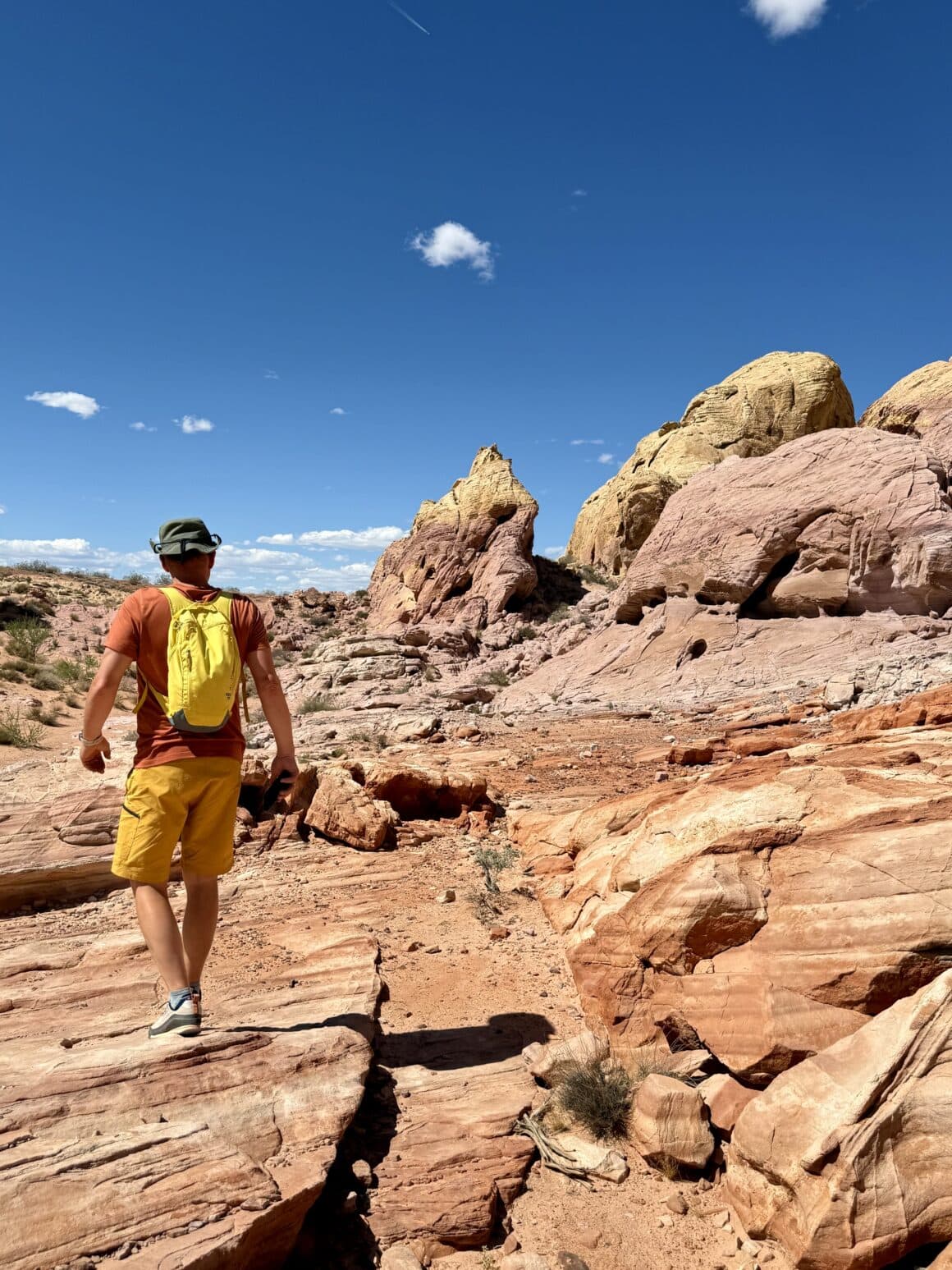 On szuka szlaku. Ja szukam cienia. 🌞 Pustynia w Nevadzie potrafi rozgrzać skały do poziomu patelni. Wędrówka jest prosta, widoki są kosmiczne, ale tu naprawdę liczy się jedno: woda, nakrycie głowy i zdrowy szacunek do słońca.